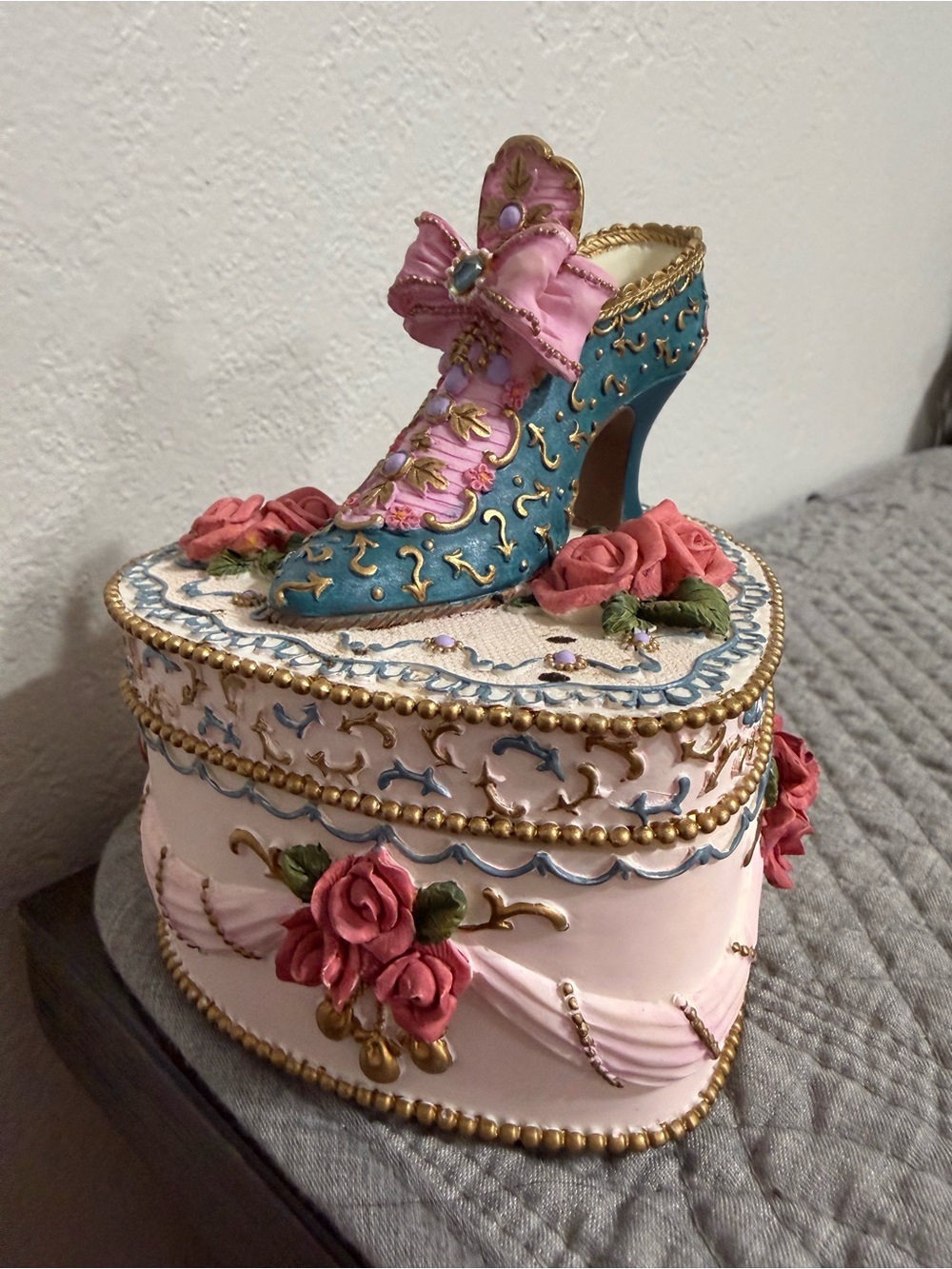 Vintage Victorian Style Shoe Ornate Pink and Teal Trinket Box